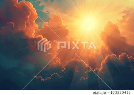 Inspiring illustration showcases a brilliant sun partially hidden behind fluffy, cottonlike clouds bathed in a warm, golden glow 123829415