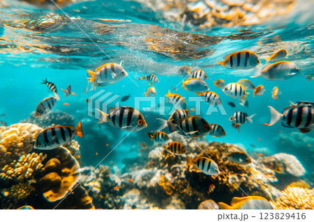 Underwater photo capturing a lively coral reef teeming with a diverse array of colorful tropical fish in a natural habitat 123829416