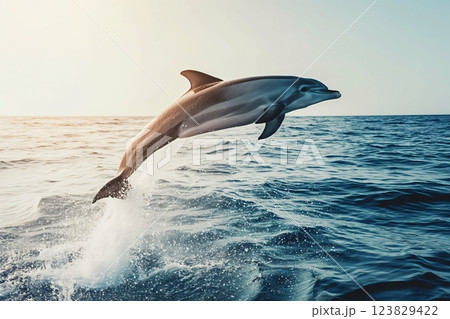 Beautiful dolphin arcs gracefully over the ocean waves against a serene sunset, demonstrating nature's exquisite choreography in the wild 123829422