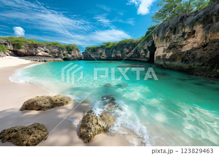 Secluded cove with turquoise waters, surrounded by rugged cliffs and pristine sand, capturing the essence of a tranquil paradise Secluded cove with turquoise waters, surrounded by rugged cliffs and pristine sand, capturing the essence of a tranquil paradise 123829463