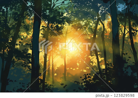 Digital illustration capturing a serene sunrise over a dense forest with sunbeams filtering through the morning mist and trees 123829598