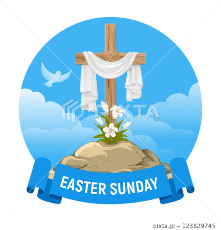 Cross with Shroud on Calvary, He Is Risen, Easter Sunday 123829745
