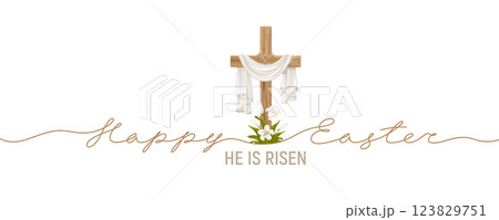 Cross with Shroud and Lilies, He Is Risen, Happy Easter 123829751
