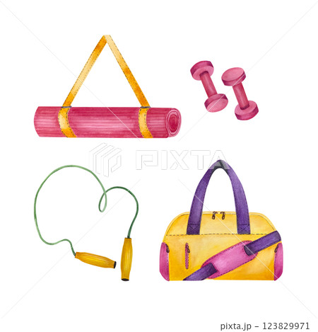 Set with fitness equipment. Jump rope, gymnastics mat, dumbbells and sport bag. Bright watercolor illustration isolated from the background. For create compositions on sports theme, merchandise 123829971