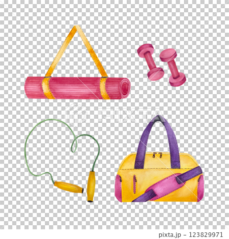 Set with fitness equipment. Jump rope, gymnastics mat, dumbbells and sport bag. Bright watercolor illustration isolated from the background. For create compositions on sports theme, merchandise Set with fitness equipment. Jump rope, gymnastics mat, dumbbells and sport bag. Bright watercolor illustration isolated from the background. For create compositions on sports theme, merchandise 123829971