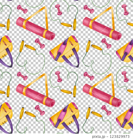 Seamless pattern with fitness equipment. Jump rope, yoga mat, dumbbells and sport bag. Bright watercolor illustration isolated from the background. For packaging sportswear, merchandise, box, textile Seamless pattern with fitness equipment. Jump rope, yoga mat, dumbbells and sport bag. Bright watercolor illustration isolated from the background. For packaging sportswear, merchandise, box, textile 123829973