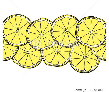 Lemon slices Vector design with graphic line ink hand drawn horizontal seamless border. Design for menu, package, cosmetic, textile, package. 123830062
