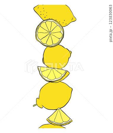 Lemons cut, slices and whole seamless vertical border. Citrus lemons line graphic ink vector art. art for food design, recipe, cook book, packages, menu, food ads and decor 123830063