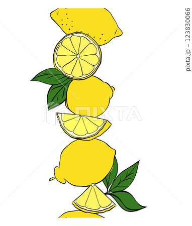 Lemons whole, slices and leaves Vertical seamless border background. Vector graphic line ink illustration. Sample poster, party invitation, holiday banner, postcard. Lemons whole, slices and leaves Vertical seamless border background. Vector graphic line ink illustration. Sample poster, party invitation, holiday banner, postcard. 123830066