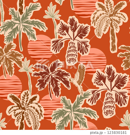 Tropical sunset seamless pattern with silhouettes of palm trees. Vector summer vacation print, wallpaper. 123830181