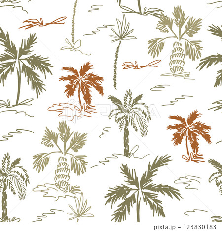 One line drawing tropical palm trees seamless pattern. Vector brown and green ink drawing coconut background. 123830183