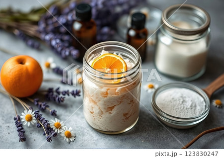 Artisanal Botanical Body Care Scrub Handcrafted Natural Spa Products with Mediterranean Herbs and Citrus Aromatherapy Elements Artisanal Botanical Body Care Scrub Handcrafted Natural Spa Products with Mediterranean Herbs and Citrus Aromatherapy Elements 123830247