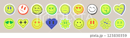 Groovy emoticon face stickers set Groovy emoticon face stickers set 123830359