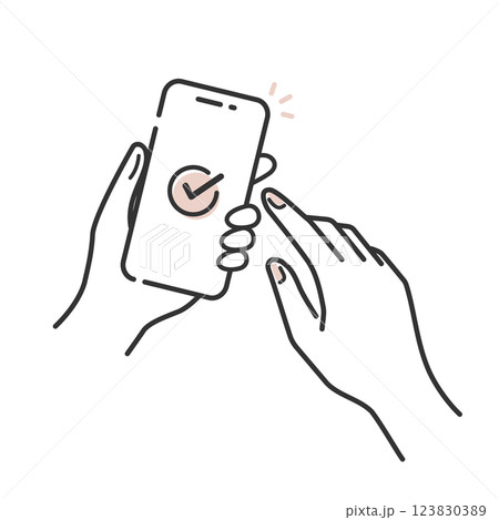 スマホを操作する女性の手とチェックマークの完了アイコン (線画・ベクター) 123830389