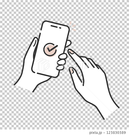 スマホを操作する女性の手とチェックマークの完了アイコン (線画・ベクター) 123830389