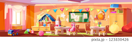 Kindergarten room with furniture and toys 123830426