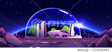Futuristic mars colony under protective dome Futuristic mars colony under protective dome 123830445