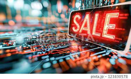 Futuristic neon sale sign glowing in a digital cyber environment with circuit board elements and bokeh lights, creating a modern high-tech shopping concept. 123830578
