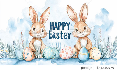 A watercolor illustration of two cute Easter bunnies with decorated eggs, grass, and flowers, featuring the text HAPPY EASTER in a playful font. 123830579