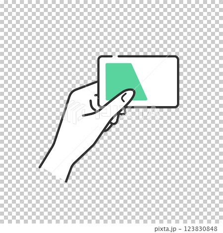 Simple vector icon (line drawing) of a person holding a transportation IC card Simple vector icon (line drawing) of a person holding a transportation IC card 123830848