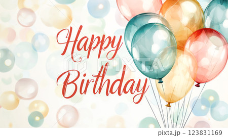 A festive birthday greeting with colorful balloons, soft bokeh lights, and elegant Happy Birthday lettering in a cheerful and artistic style. 123831169