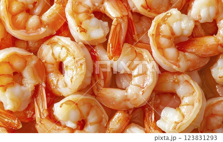 Cooked shrimp texture, seafood background closeup, top view 123831293