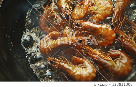 Close-up of shrimps frying in a pan with sizzling oil and copy space 123831309