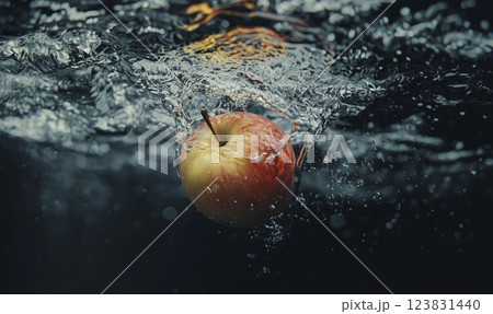 Apple falling into water with splash, black background with copy space 123831440
