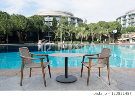 Swimming pool in hotel and resort without people for background 123831487