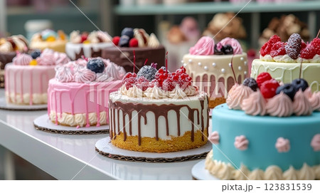 Set of different delicious cakes in candy shop pastel color . Many flavors of cake set collection, generated AI Set of different delicious cakes in candy shop pastel color . Many flavors of cake set collection, generated AI 123831539