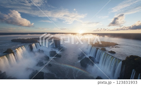 Majestic waterfalls cascading into a river at sunset with mist and a rainbow in the background Majestic waterfalls cascading into a river at sunset with mist and a rainbow in the background 123831933