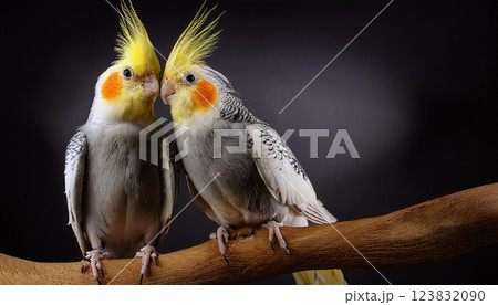 Two parakeets are sitting on a branch, one of which has a yellow beak 123832090