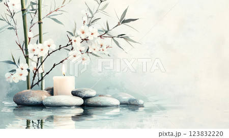 A serene composition of bamboo stalks, white blossoms, smooth spa stones, and a lit candle reflected in water, creating a peaceful and zen-inspired atmosphere. 123832220