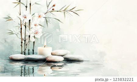 A serene composition of bamboo stalks, white blossoms, smooth spa stones, and a lit candle reflected in water, creating a peaceful and zen-inspired atmosphere. 123832221