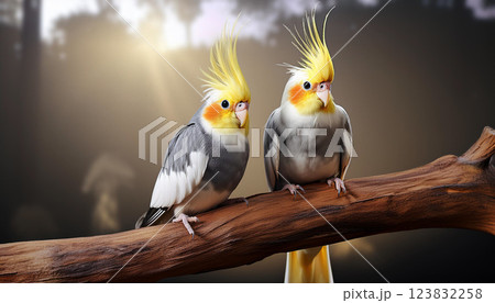 Two parakeets are perched on a branch 123832258