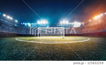 A soccer field with a goal and a crowd of people watching 123832259