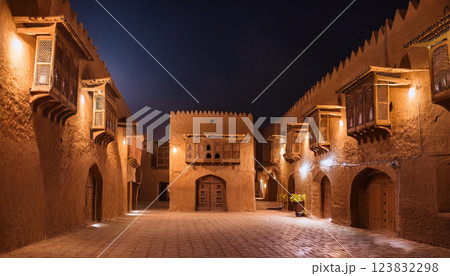 A courtyard with a few buildings and a bench 123832298