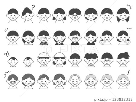 人々の驚き・疑問の表情アイコンイラストセット（黒） 123832315