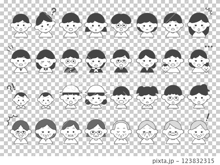 人々の驚き・疑問の表情アイコンイラストセット（黒） 123832315