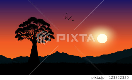 A digital illustration depicting a sunset landscape with a large, broad-leaved tree and warm, orange and purple hues. The sun is positioned near the horizon 123832320