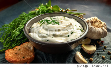 A bowl of creamy white sauce with a few herbs and spices on a table A bowl of creamy white sauce with a few herbs and spices on a table 123832331
