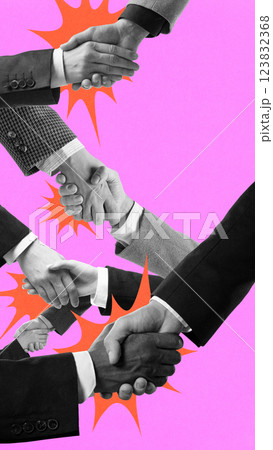 Multiple handshakes forming chain reaction. Successful cooperation, strong relationships 123832368