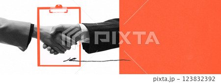 Conceptual design. Handshake within contract frame symbolizes formal agreement, strategic partnership, legal commitment. Conceptual design. Handshake within contract frame symbolizes formal agreement, strategic partnership, legal commitment. 123832392