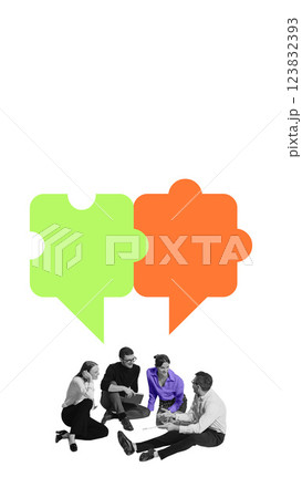 Team discussing in speech bubble puzzle pieces, representing strategic negotiation, corporate decision-making Team discussing in speech bubble puzzle pieces, representing strategic negotiation, corporate decision-making 123832393
