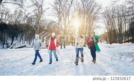 Happy friends in cozy winter outfits walking through snowy park, enjoying bright, cold winter day at park. Happy friends in cozy winter outfits walking through snowy park, enjoying bright, cold winter day at park. 123832617