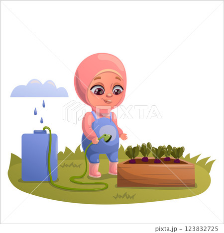 Illustration of a child doing gardening and animal husbandry Illustration of a child doing gardening and animal husbandry 123832725