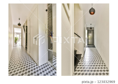 A spacious interior hallway featuring stylish flooring and clean lines. The design combines functionality with a contemporary aesthetic, creating an inviting atmosphere. 123832969