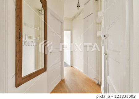 A spacious hallway featuring a mirror, white-paneled doors, and wooden flooring, creating a bright and inviting atmosphere in the home. A spacious hallway featuring a mirror, white-paneled doors, and wooden flooring, creating a bright and inviting atmosphere in the home. 123833002