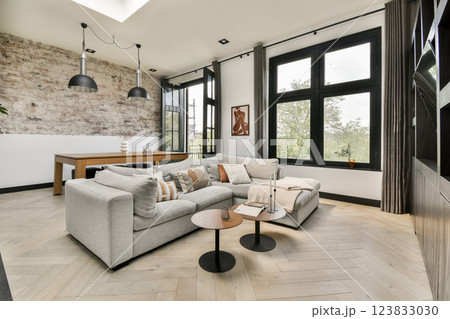 A stylish modern living room featuring contemporary furniture, large windows for natural light, and a cozy atmosphere, ideal for relaxation and gatherings. 123833030