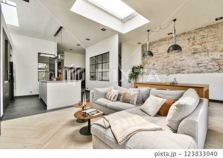 Elegantly designed living room showcasing a modern aesthetic with natural light filtering through skylights, paired with stylish furniture and decor. 123833040